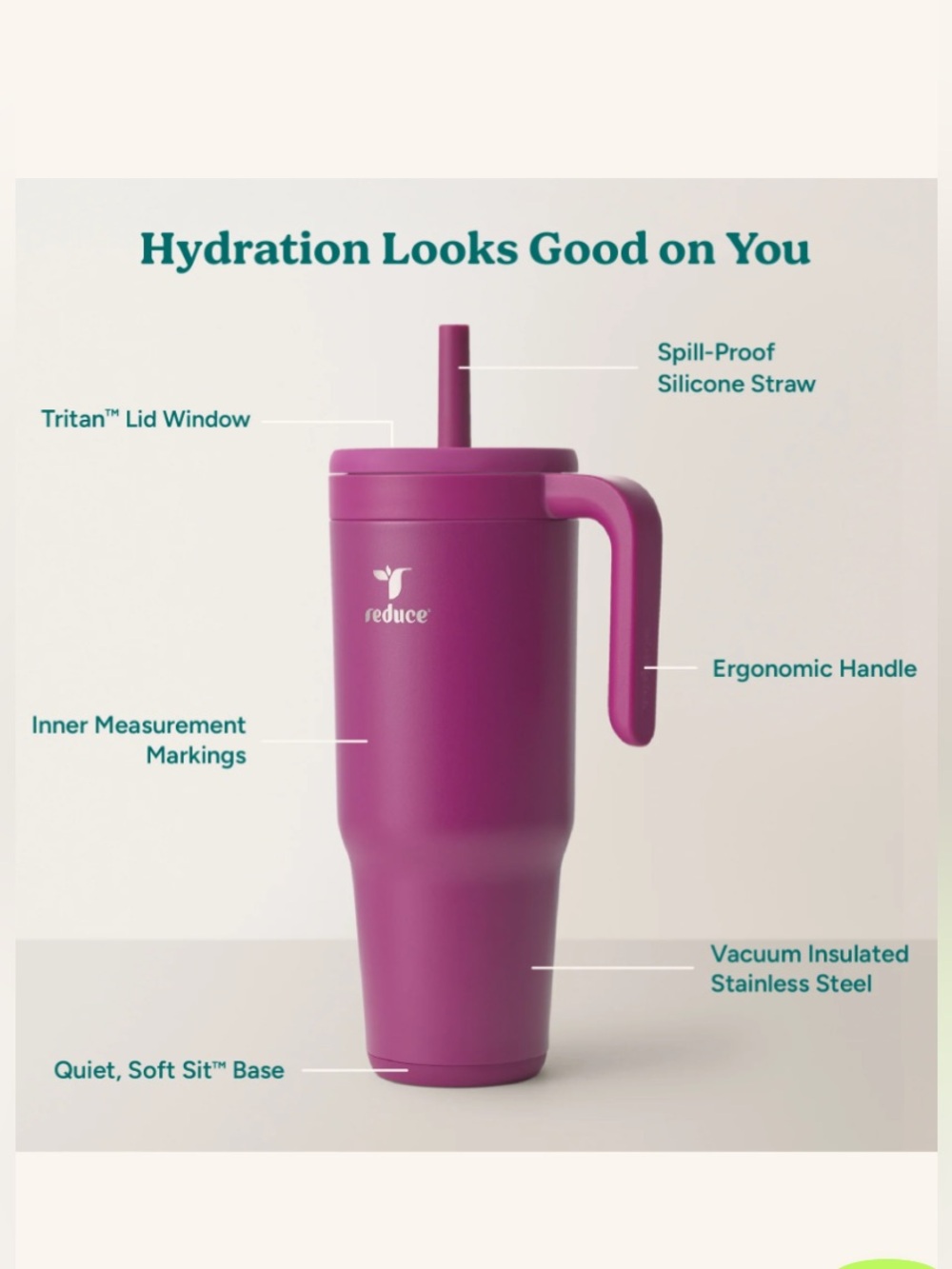 Reduce Spill-Proof 40oz Chiller Silicone Straw Vacuum Insulated Soft-Sit Base - Picture 2 of 7
